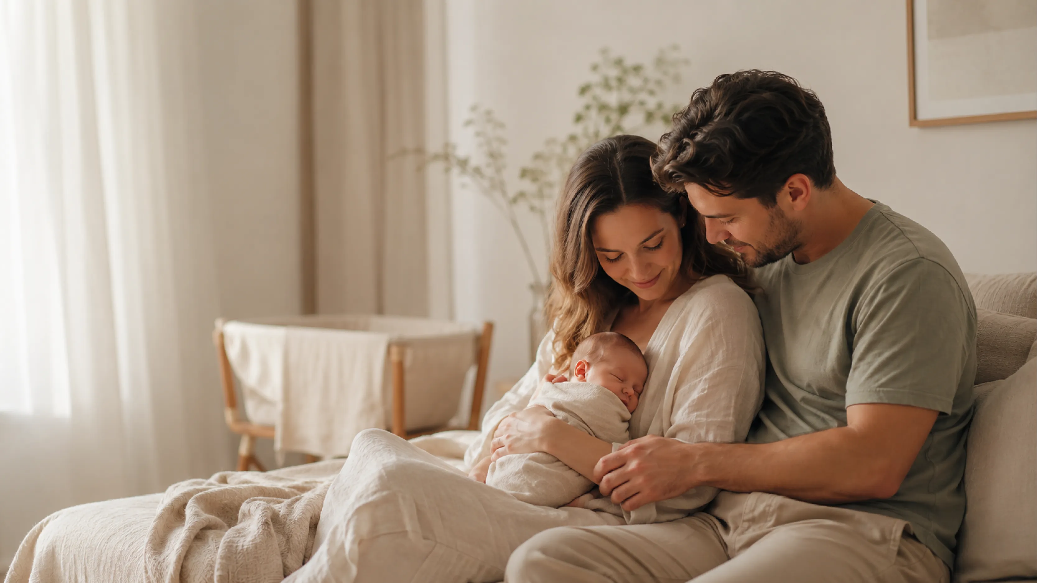 New parents sitting together with their sleeping newborn in a softly lit bedroom.